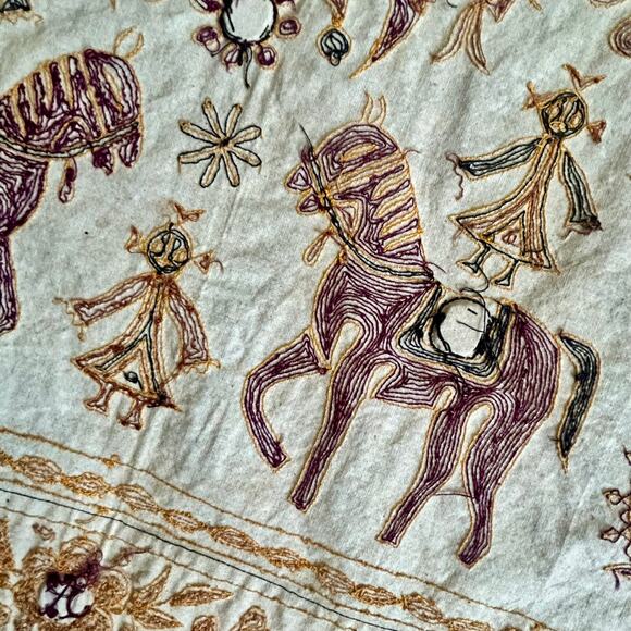 Vintage Indian Kantha Embroidered Tapestry – Elephants, Horses & Folk Motifs - Picture 9 of 14
